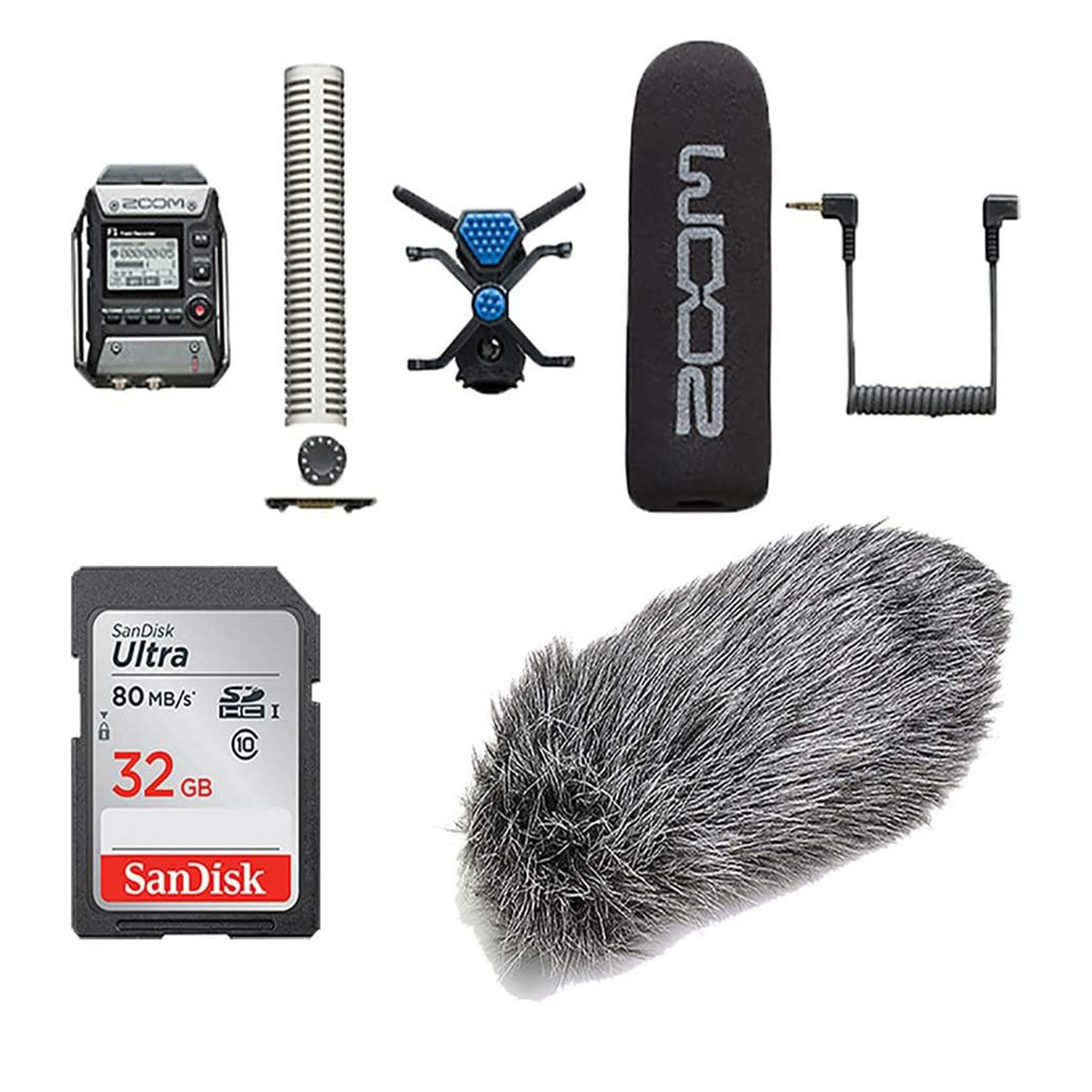 Zoom F1-SP Field Recorder+Shotgun Mic Pack +32 GB SD card+Windbuster