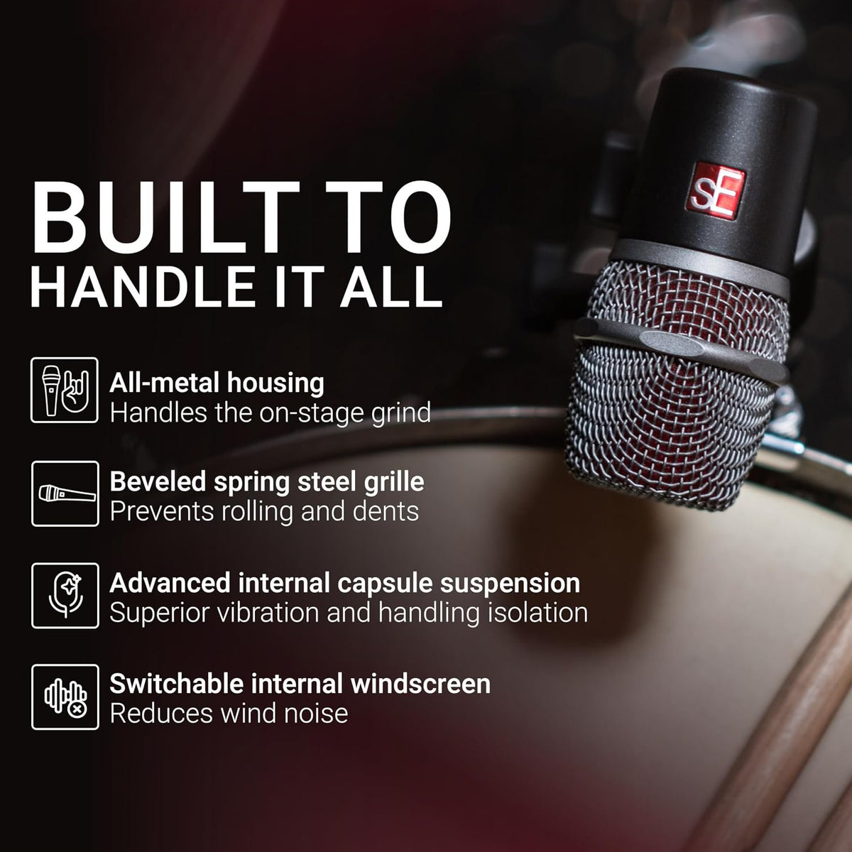 SE ELECTRONICS V BEAT Drum Mic - Compact Dynamic Supercardioid Drum Microphone for Toms & Snares with Adjustable Swivel Mount for Precise Positioning - Perfect for Studio & Live Use