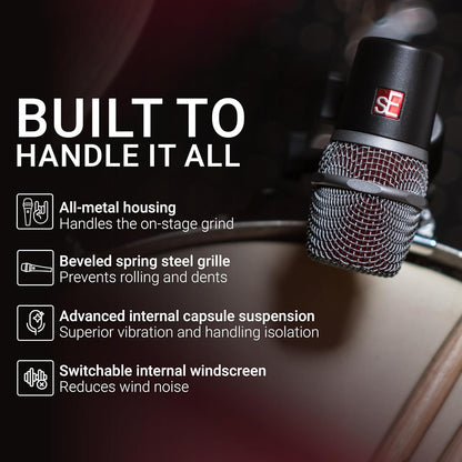 SE ELECTRONICS V BEAT Drum Mic - Compact Dynamic Supercardioid Drum Microphone for Toms & Snares with Adjustable Swivel Mount for Precise Positioning - Perfect for Studio & Live Use