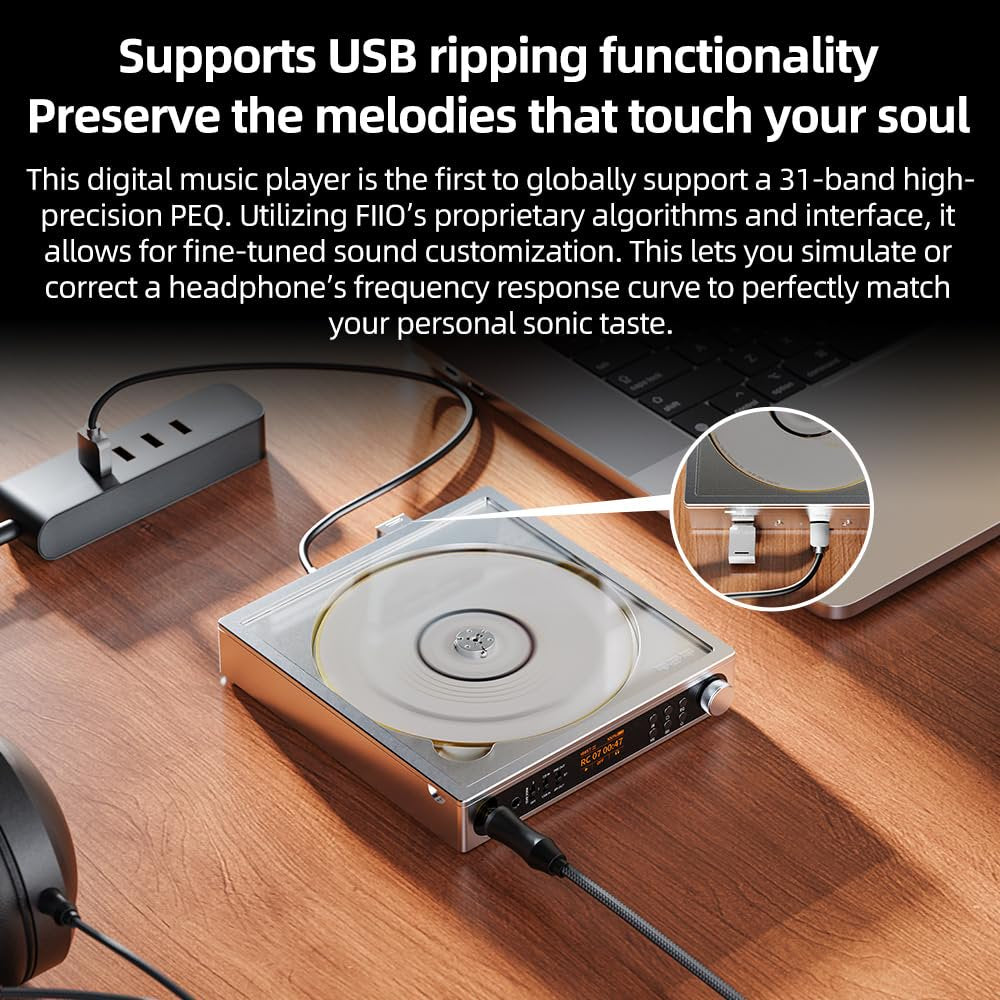 FiiO DM15 Portable Stereo CD Player with True 24Bit R2R DAC, 1150mW+1150mW High-Power Output, aptX Adaptive Bluetooth Transmitter, 24 Sound Presets, USB/CD HiFi Audio, HD Display