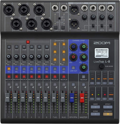 Zoom LiveTrak L-8 Podcast Recorder, Battery Powered, Digital Mixer and Recorder, Music Mixer, Phone Input, Sound Pads, 4 Headphone Outputs, 12-In/4-Out Audio Interface, Built In EQ and Effects