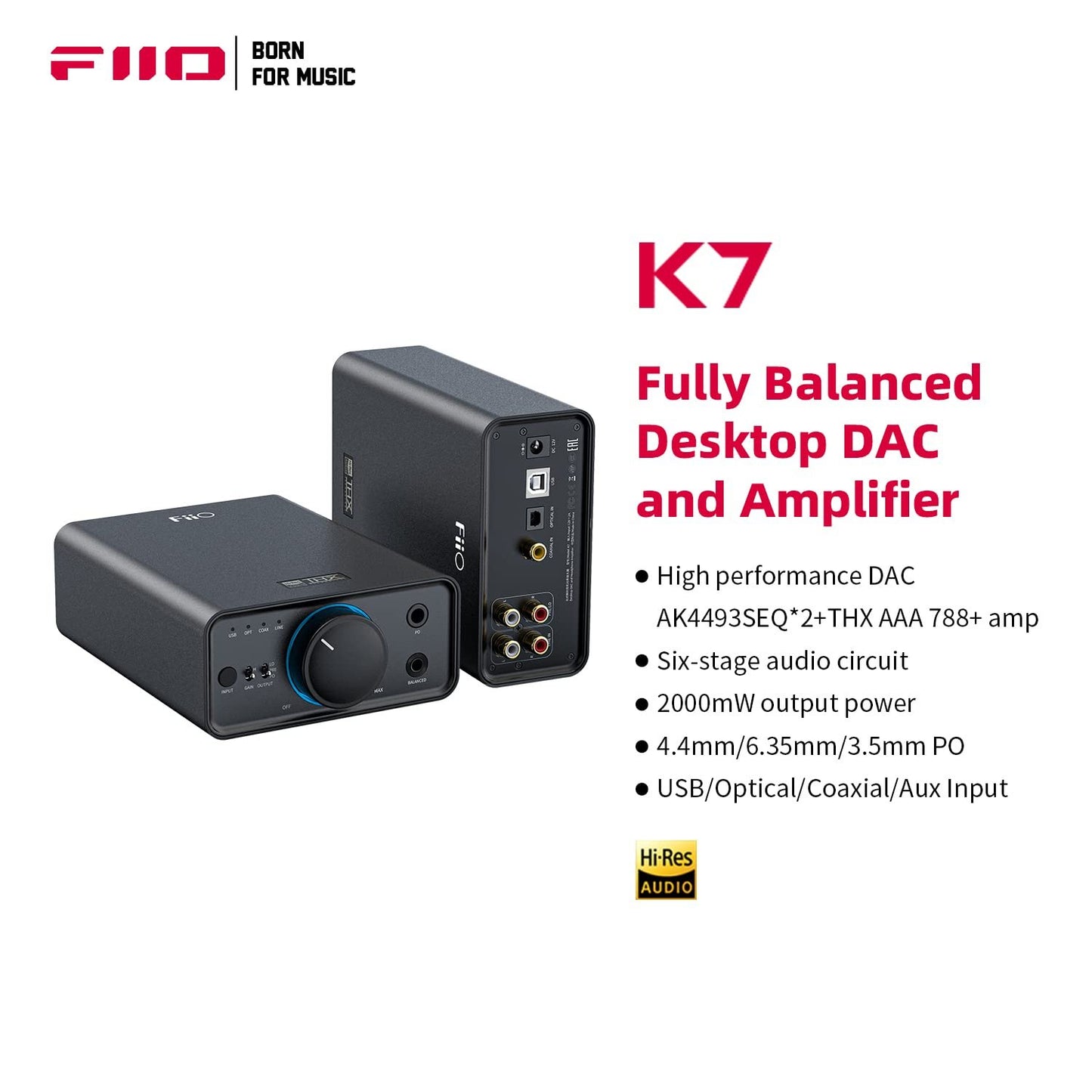 FiiO K7 Full Balanced HiFi DAC Headphone Amplifier AK4493S*2, XMOS XU208 PCM384kHz DSD256,USB/Optical/Coaxial/RCA Inputs, 6.35mm/4.4mm Output