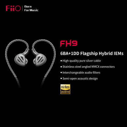 FIIO FH9 Headphones Earphone Wired High Resolution Over-The-Ear 1DD+6BA Detachable Cable Deep Bass Comes with 2.5/3.5/4.4mm Swappable Plugs for Smartphone/PC/Players/Home Audio(Titanium)
