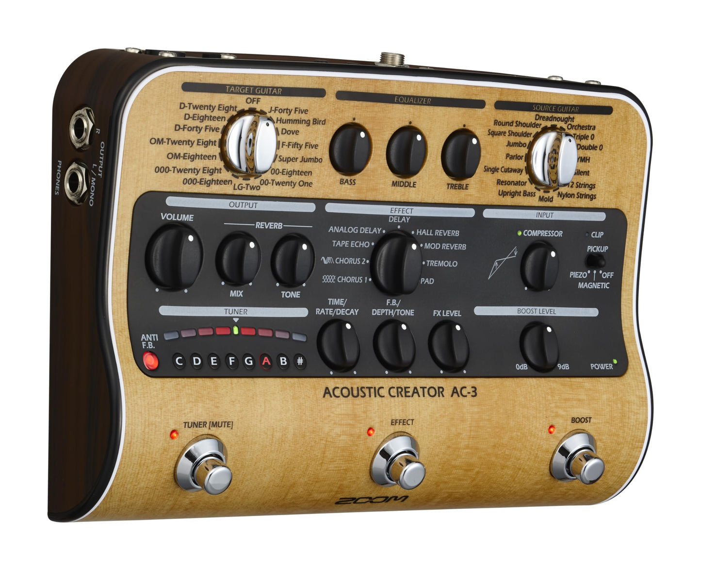 Zoom AC-3 Acoustic Creator, Acoustic DI with Tone Restoration, Acoustic Modeling, 9 effects, Compression, Tuner, Reverb, EQ, and Anti-Feedback