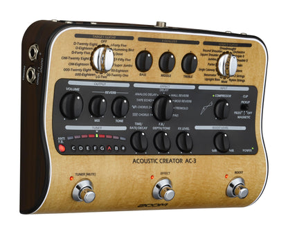 Zoom AC-3 Acoustic Creator, Acoustic DI with Tone Restoration, Acoustic Modeling, 9 effects, Compression, Tuner, Reverb, EQ, and Anti-Feedback