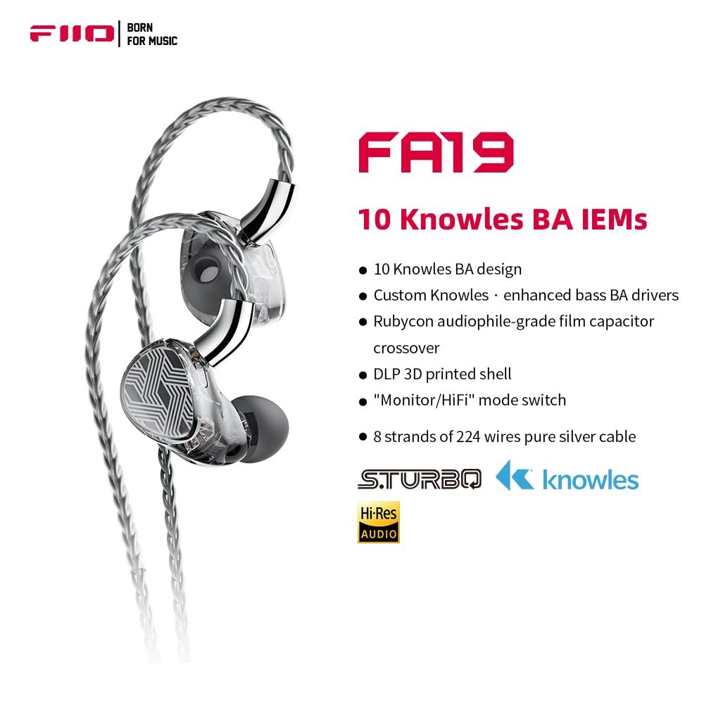 FiiO FA19 10 Balanced Armature in Ear Monitors | Audiophile Earphones with Detachable Pure Silver MMCX Headphone Cable