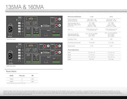 Crown 135MA 3 Input, 3 Channel, 35 Watt Powered Mixer/Amplifier for Paging, Background Music, Music-on-Hold, Installed Sound 8-Ohm and Constant Voltage Outputs 70V, Black