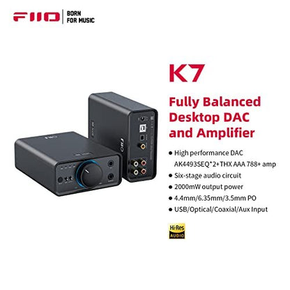 FIIO K7 Full Balanced HiFi DAC Headphone Amplifier AK4493S*2, XMOS XU208 PCM384kHz DSD256,USB/Optical/Coaxial/RCA Inputs, 6.35mm/4.4mm Output