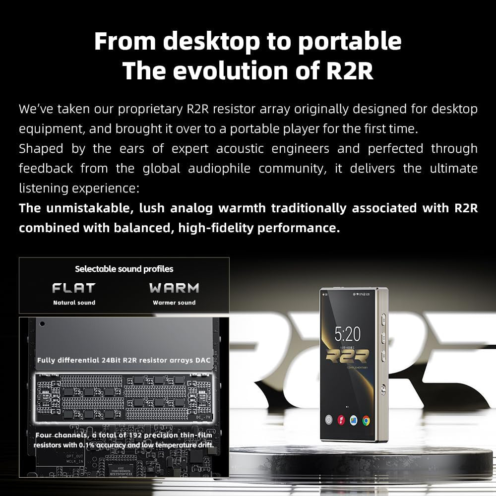 FiiO M33 R2R Portable HiFi Music Player, Snapdragon 680, 8GB RAM + 128GB Storage, True R2R DAC, XMOS XU316 USB Audio, 1100mW Balanced Output, AUTO EQ, 5.5” Full HD Display