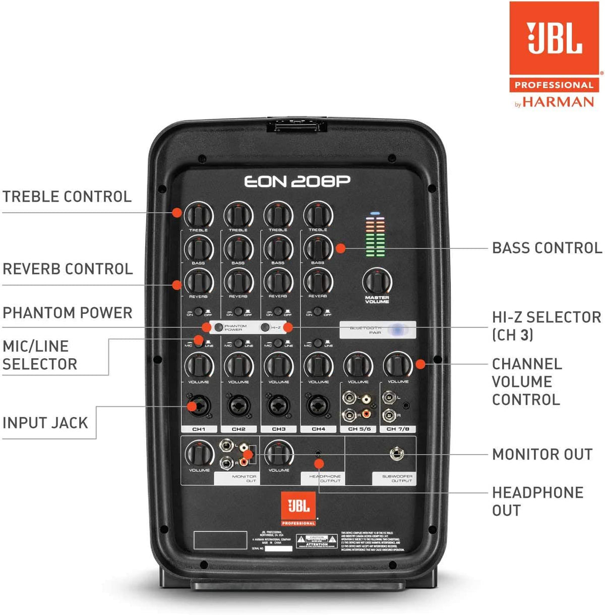 JBL Professional EON208P Portable All-in-One 2-way PA System with 8-Channel Mixer and Bluetooth, Black