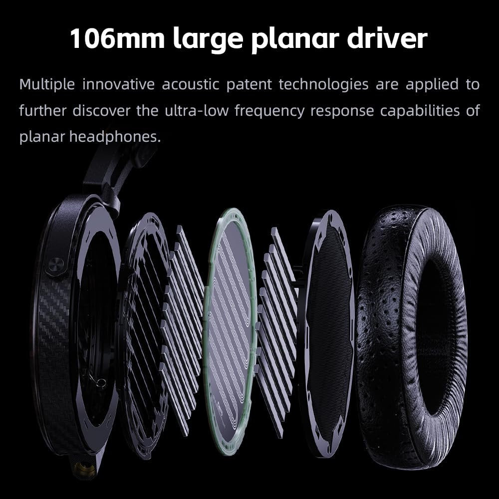 FiiO FT7 Headphones Open-Back Planar 106mm Planar Magnetic Monitor Earphone Gold Diaphragm Carbon Fiber Shell Detachable Cables (Black)