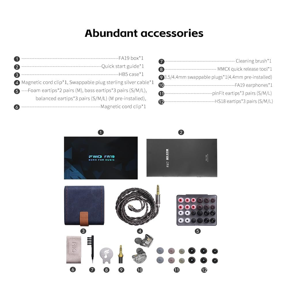 FiiO FA19 10 Balanced Armature in Ear Monitors | Audiophile Earphones with Detachable Pure Silver MMCX Headphone Cable