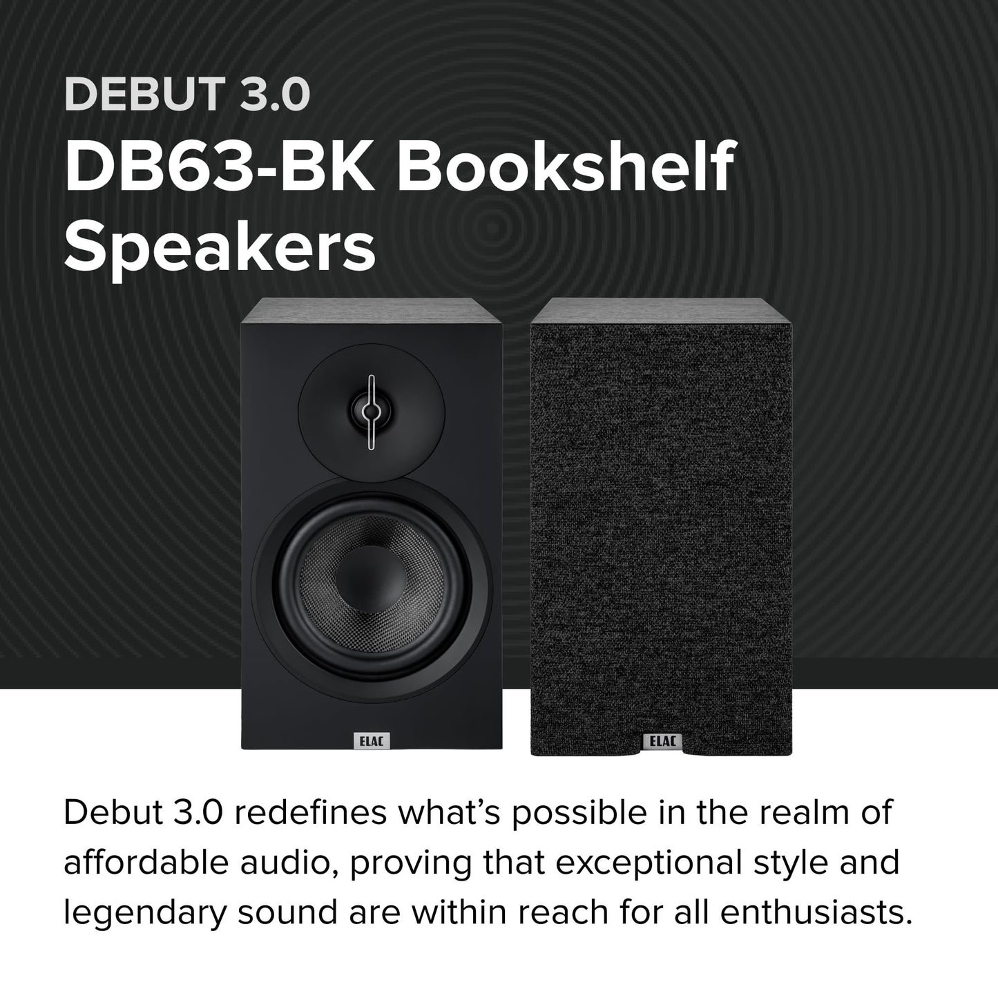 ELAC Debut 3.0 DB63-BK Bookshelf Speakers, Black Ash (Pair) - 1” Aluminum Dome Tweeter & 6.5” Aramid Fiber Woofer - 2-Way Bass Reflex - 42Hz to 38KHz Response