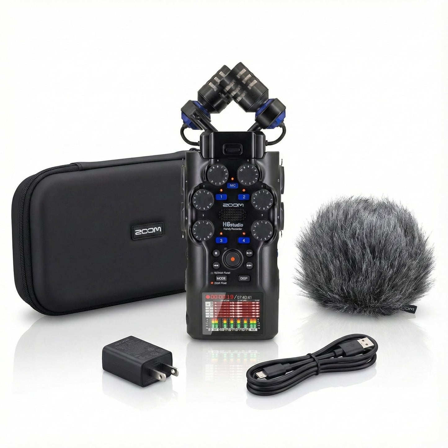Zoom H6studio 8-Track 32-Bit Float Handy Recorder Bundle with APH-6s Accessory Pack with Hairy Windscreen, Padded Shell Case, AC Adapter, & USB C-Cable