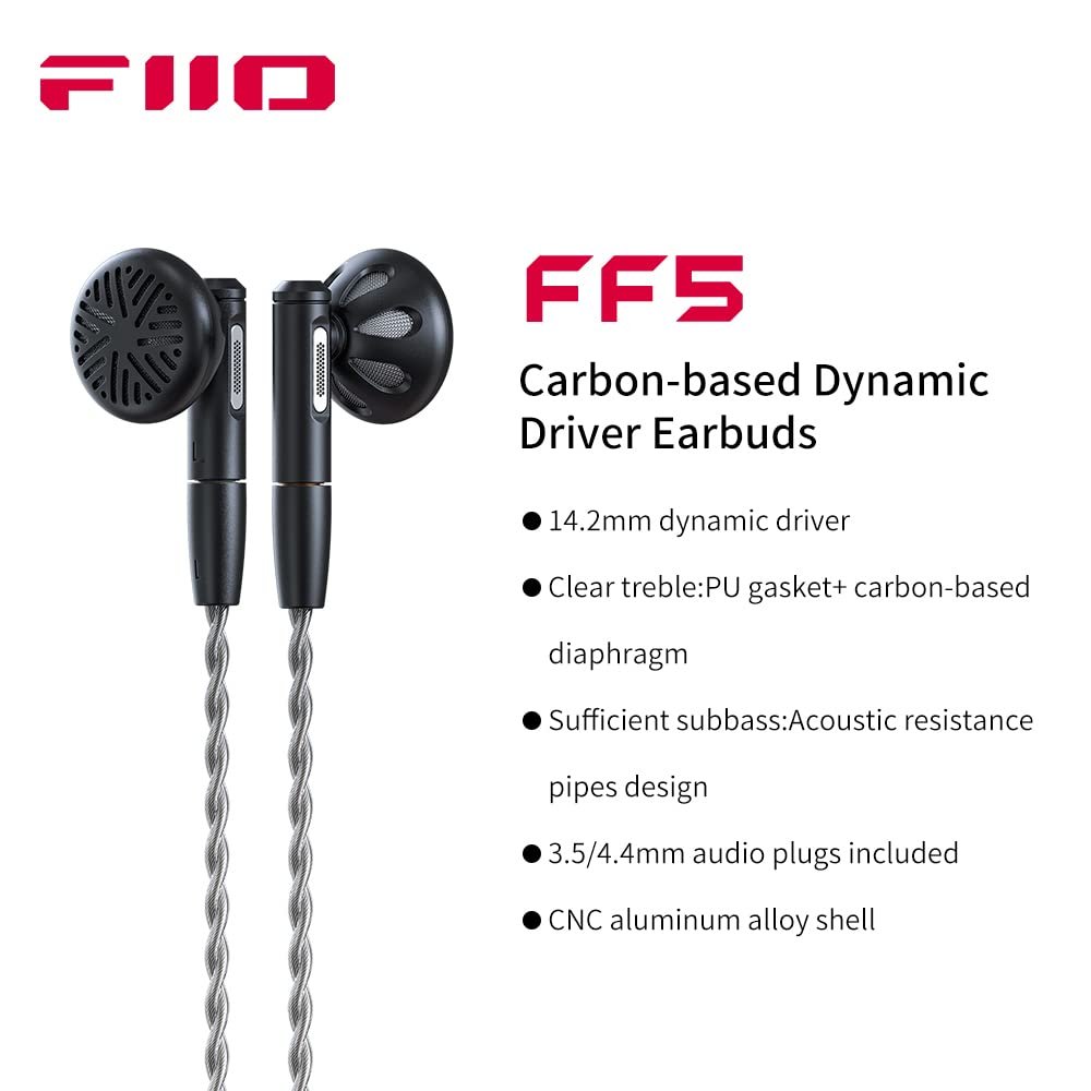 FiiO FF5 Carbon-Based Dynamic Driver in-Ear Earphone Clear Sound & Wide Soundstage with 3.5mm/4.4mm MMCX Cable, Alumium Shell