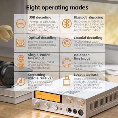 FiiO K17 Desktop DAC&Headphone Amplifier AK4191+AK4499EX*2, 31-Band PEQ, MQA,Support DSD512 32Bit/768kHz with Remote Control