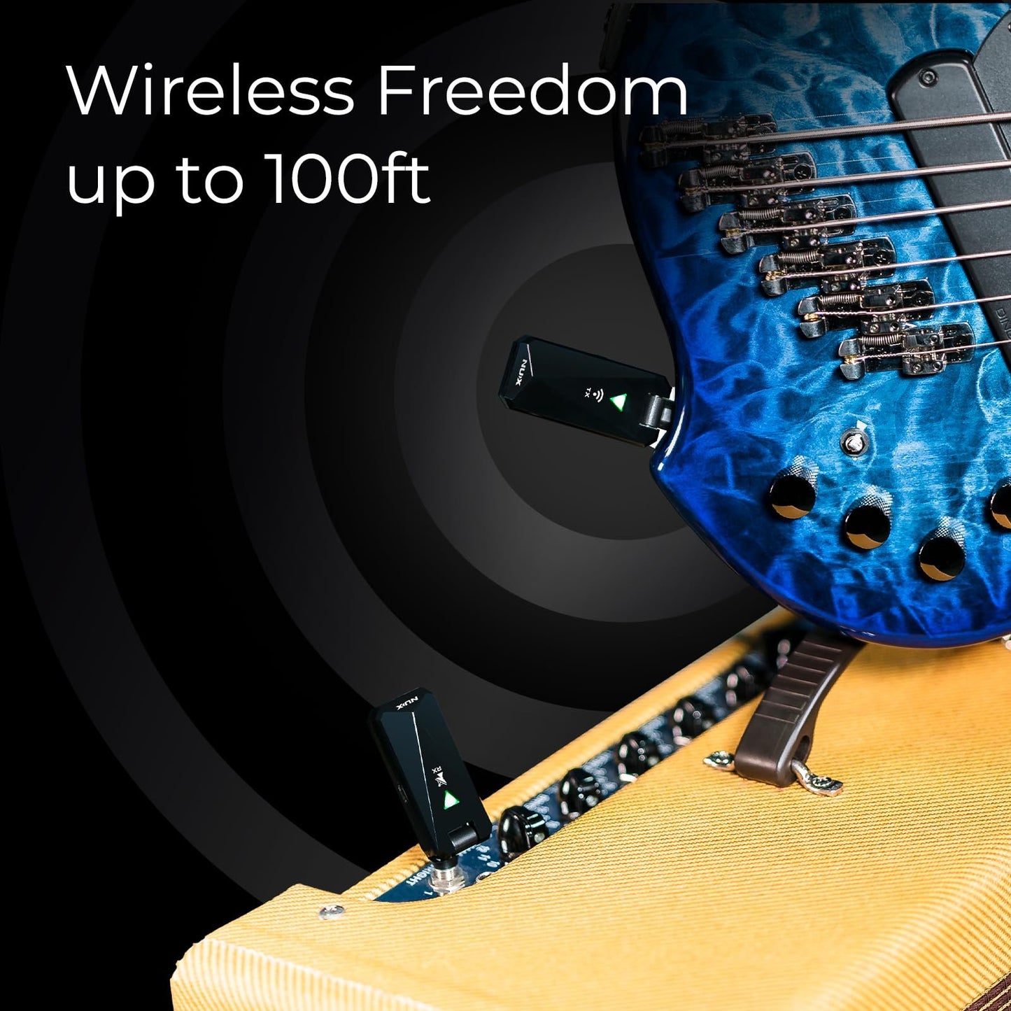 NUX B-5RC Wireless Guitar System for Most of Types of Guitar with Active or Passive Pickup, Charging Case Included,Auto Match,Mute Function,Guitar Wireless Transmitter and Receiver, 2.4GHz (Black-N)