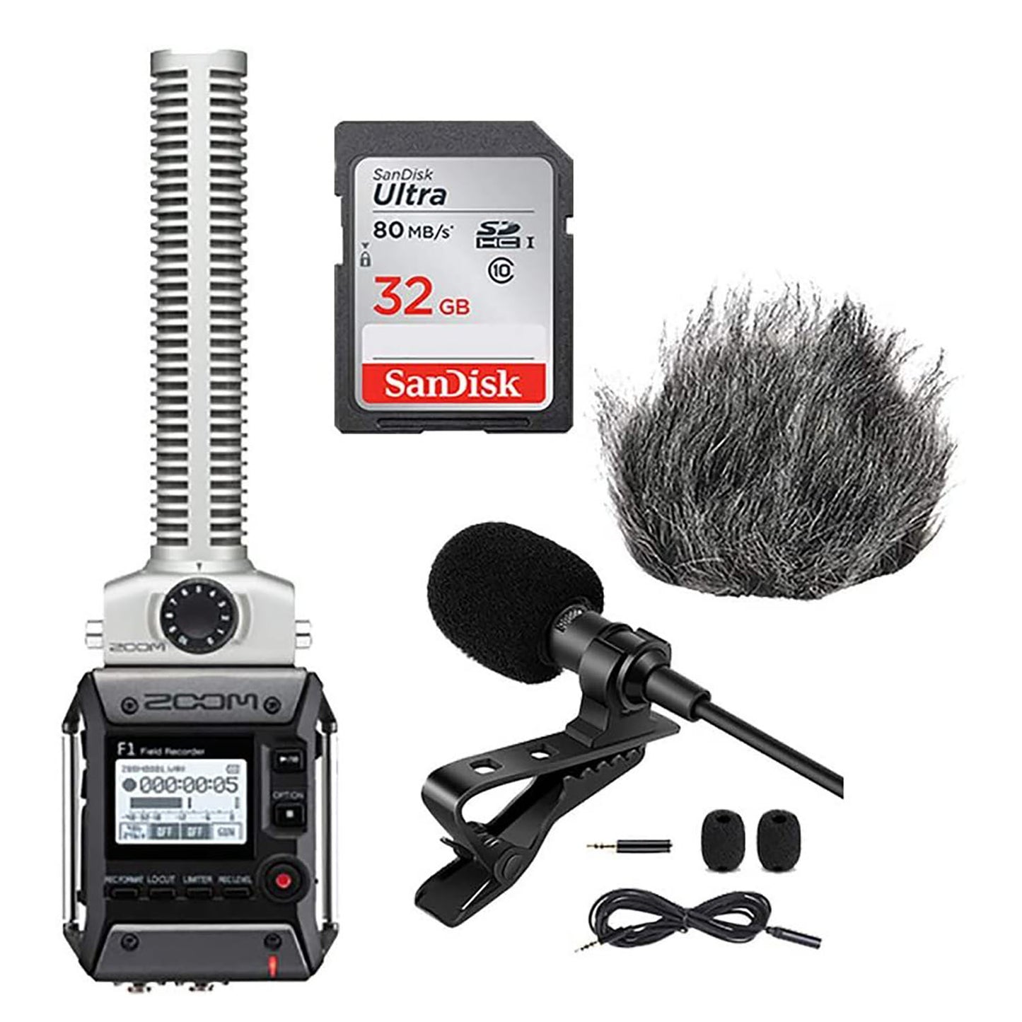 Zoom F1-SP Field Recorder + Shotgun Mic Pack + Lavalier Lapel Mic clip + 32 GB sd card +windbuster