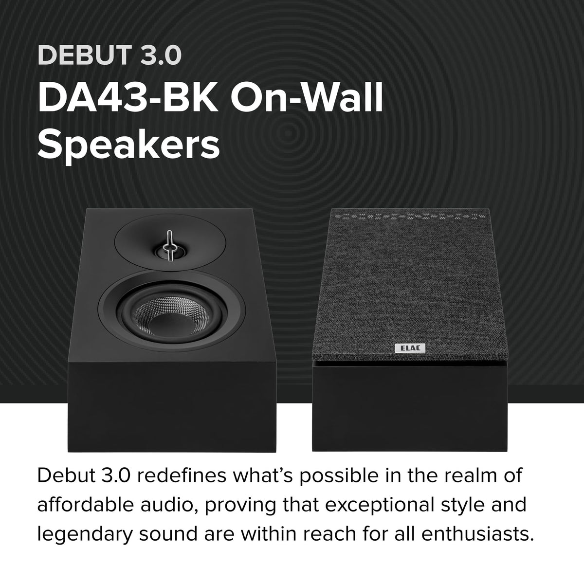 ELAC Debut 3.0 DA43-BK Atmos-Enabled On-Wall Speakers, Black Ash (Pair) - 1” Aluminum Dome Tweeter & 4” Aramid Fiber Woofer - 2-Way Bass Reflex - 48Hz to 38KHz Response