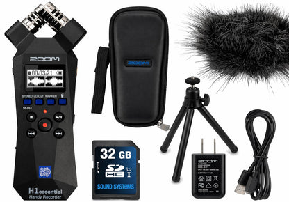 Zoom H1essential 2-Track 32-Bit Float Portable Audio Recorder Bundle with APH-1e, Hairy Windscreen, Padded Case, AC Adapter, USB-C Cable, 32GB SD Card, and Mini Tripod