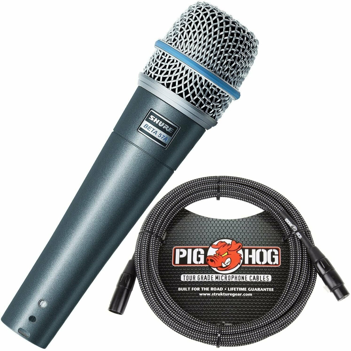 Shure BETA 57A Instrument Microphone & Pig Hog Black & White Woven Mic...