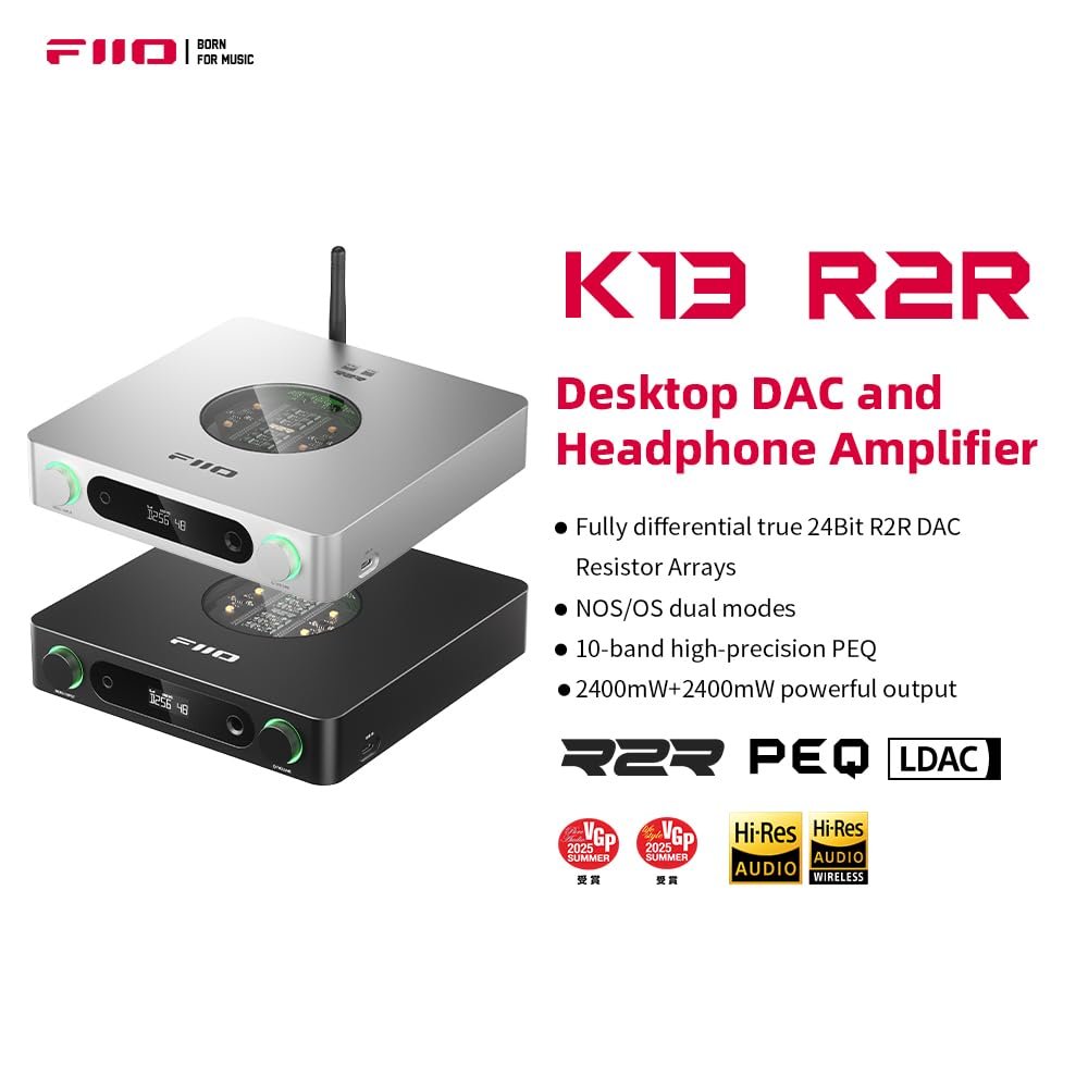 FiiO K13 R2R Desktop DAC & Headphone Amp, High-Fidelity 24Bit R2R DAC, Powerful 2400mW Output, LDAC Bluetooth Streaming, Dual Power Supply, 10-Band PEQ, Balanced XLR & RCA Audio Output (Silver)