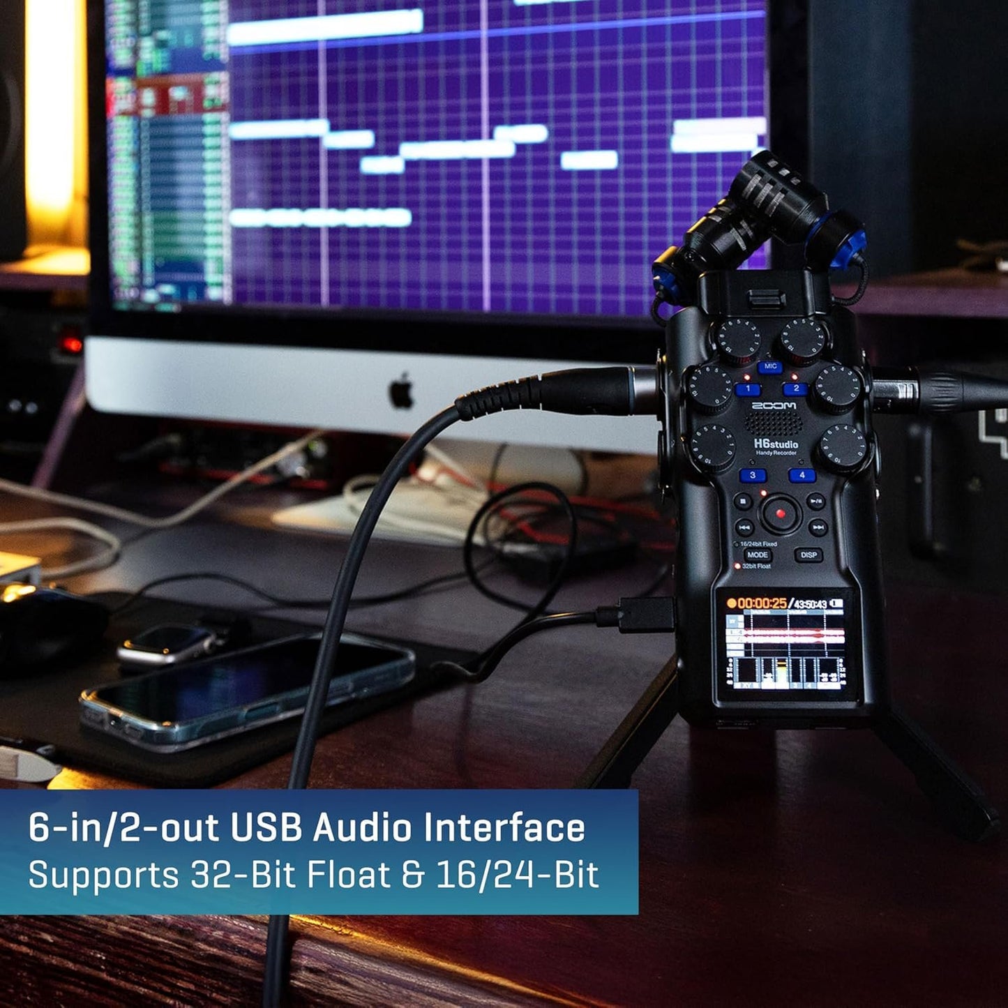 Zoom H6studio 8-Track 32-Bit Float Handy Recorder Bundle with APH-6s Accessory Pack with Hairy Windscreen, Padded Shell Case, AC Adapter, & USB C-Cable