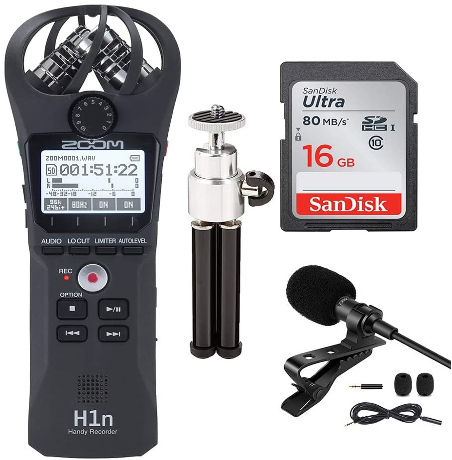 Zoom H1n Handy Recorder,Lavalier Microphone,16 GBSD card and Mic Stand