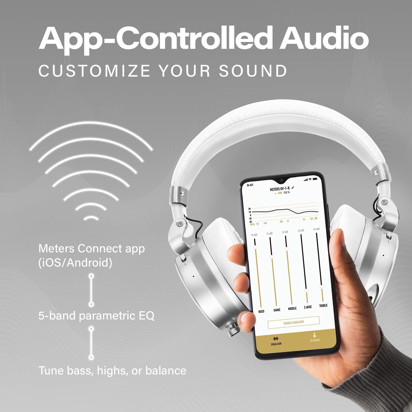 Meters OV-1-B-C Over-Ear Wireless Headphones with Active Noise Cancellation - Studio-Quality Sound with 16-Hour Playback & VU Display - Bluetooth 5.0, App-Controlled, 40mm Drivers (White)