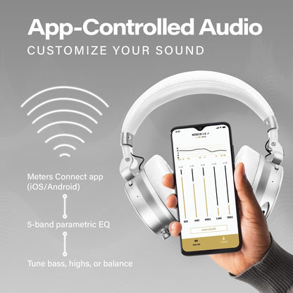 Meters OV-1-B-C Over-Ear Wireless Headphones with Active Noise Cancellation - Studio-Quality Sound with 16-Hour Playback & VU Display - Bluetooth 5.0, App-Controlled, 40mm Drivers (White)