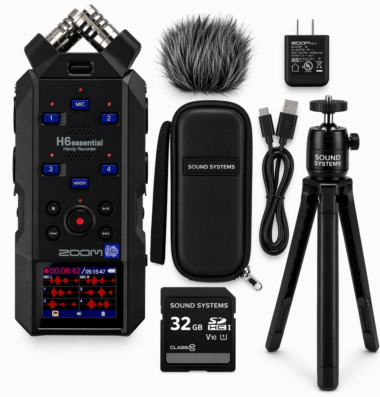 Zoom H6essential 6-Track 32-Bit Float Portable Audio Recorder Bundle with Hairy Windscreen, Case, AC Adapter, USB-C Cable, 32GB SD Card and Mini Tripod