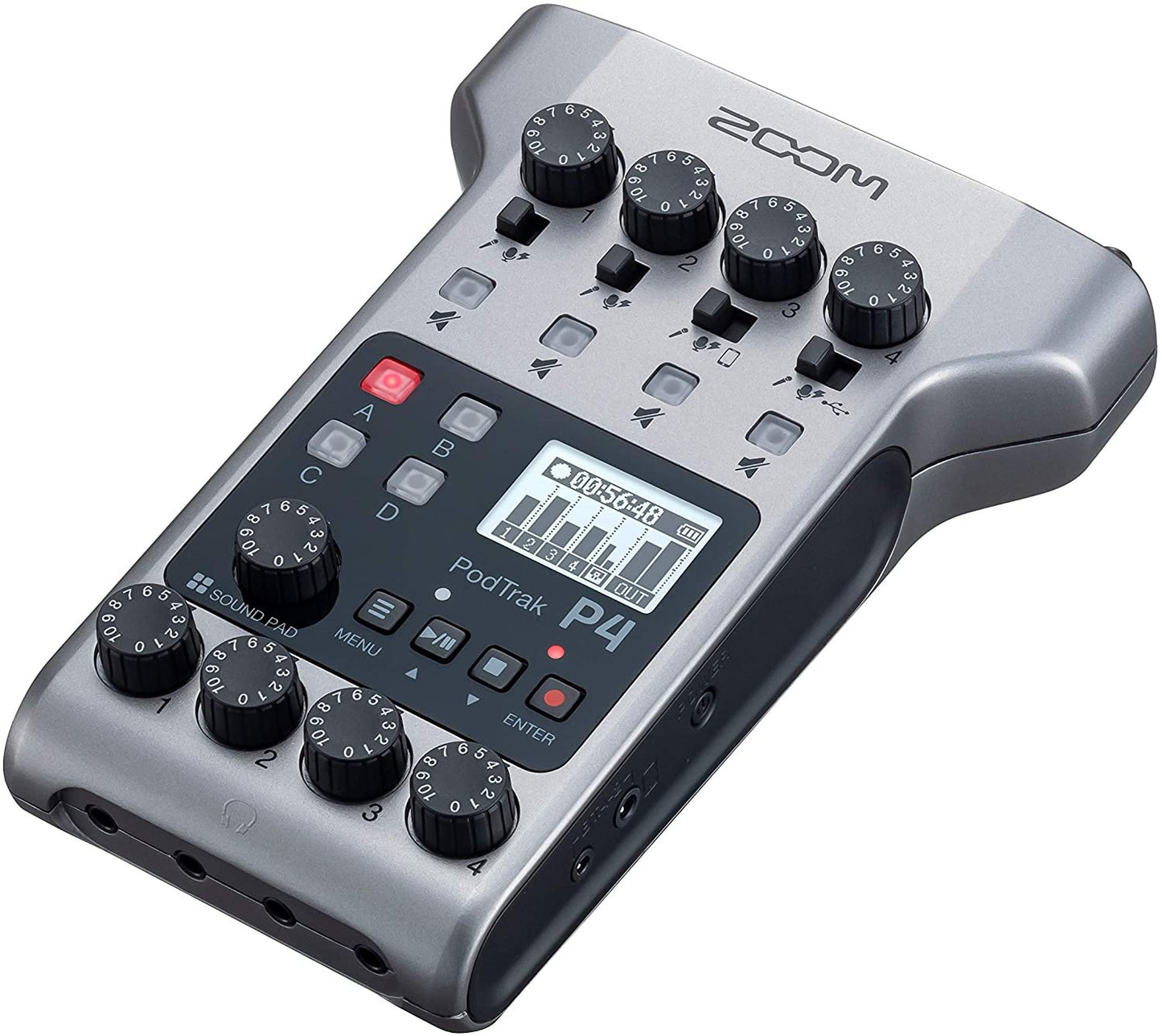 Zoom PodTrak P4 Podcast Recorder, Battery Powered, 4 Microphone Inputs, 4 Headphone Outputs, Phone and USB Input for Remote Interviews, Sound Pads, 2-In/2-Out Audio Interface