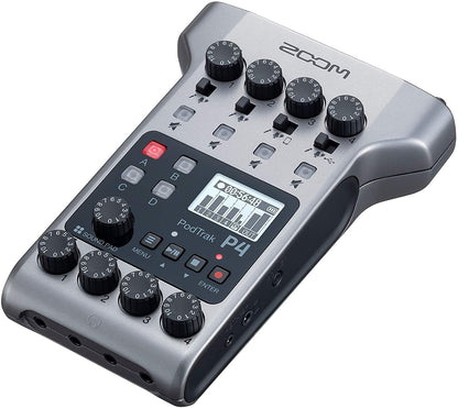Zoom PodTrak P4 Podcast Recorder, Battery Powered, 4 Microphone Inputs, 4 Headphone Outputs, Phone and USB Input for Remote Interviews, Sound Pads, 2-In/2-Out Audio Interface