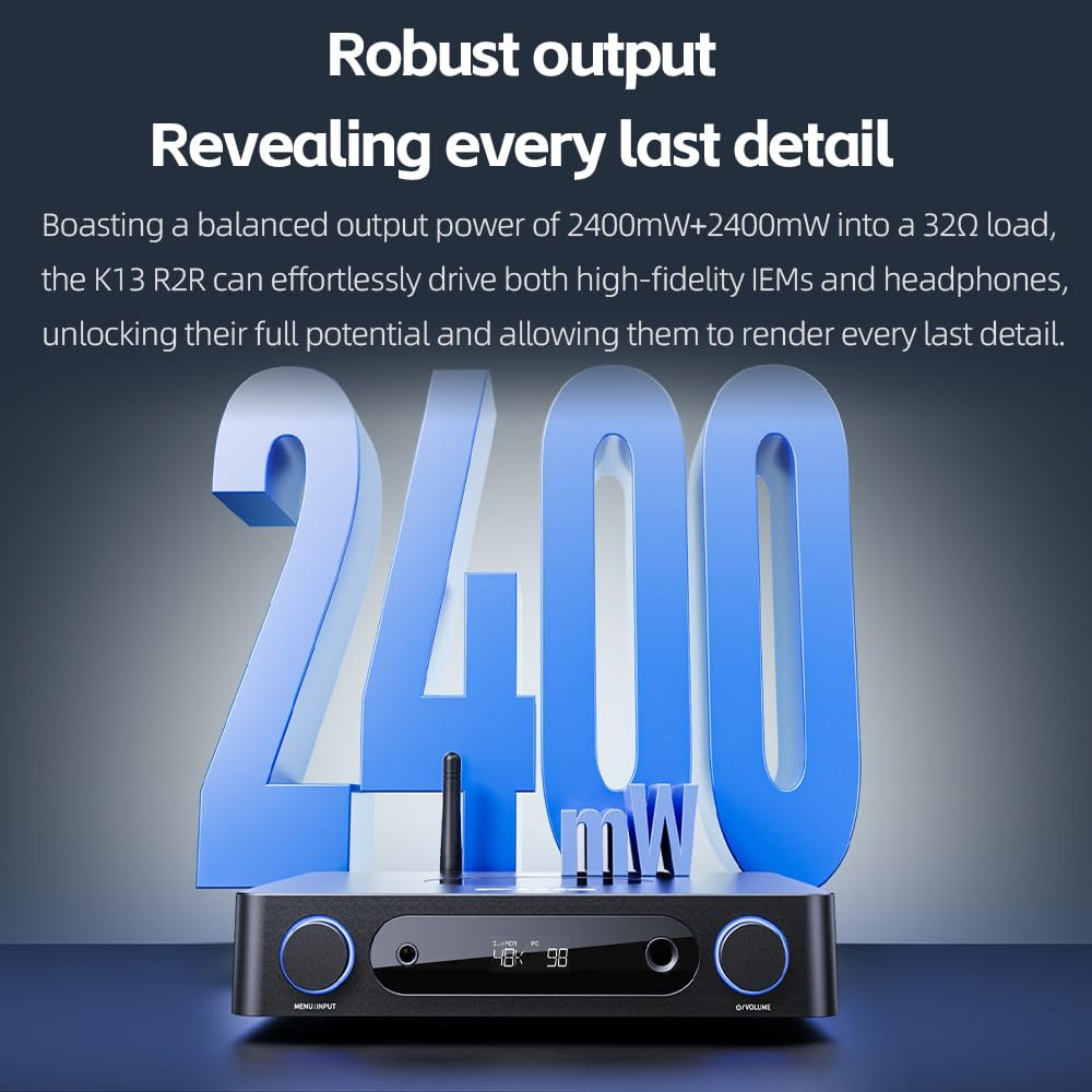 FiiO K13 R2R Desktop DAC & Headphone Amp, High-Fidelity 24Bit R2R DAC, Powerful 2400mW Output, LDAC Bluetooth Streaming, Dual Power Supply, 10-Band PEQ, Balanced XLR & RCA Audio Output (Silver)