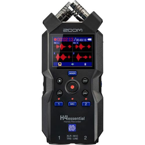Zoom H4essential 4-Track 32-Bit Float Portable Audio Recorder Bundle with APH-4e Accessory Pack, Hairy Windscreen, Case, AC Adapter, 32GB SD Card, Mini Tripod