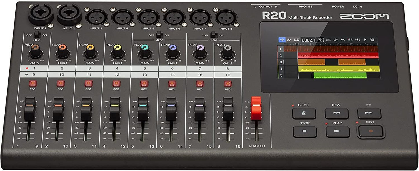 Zoom R20 Multi Track Tabletop Recorder, with Touchscreen, Onboard Editing, 16 Tracks, 6 XLR Inputs, 2 Combo Inputs, Effects, Synth, Drum Loops, and USB Audio Interface.