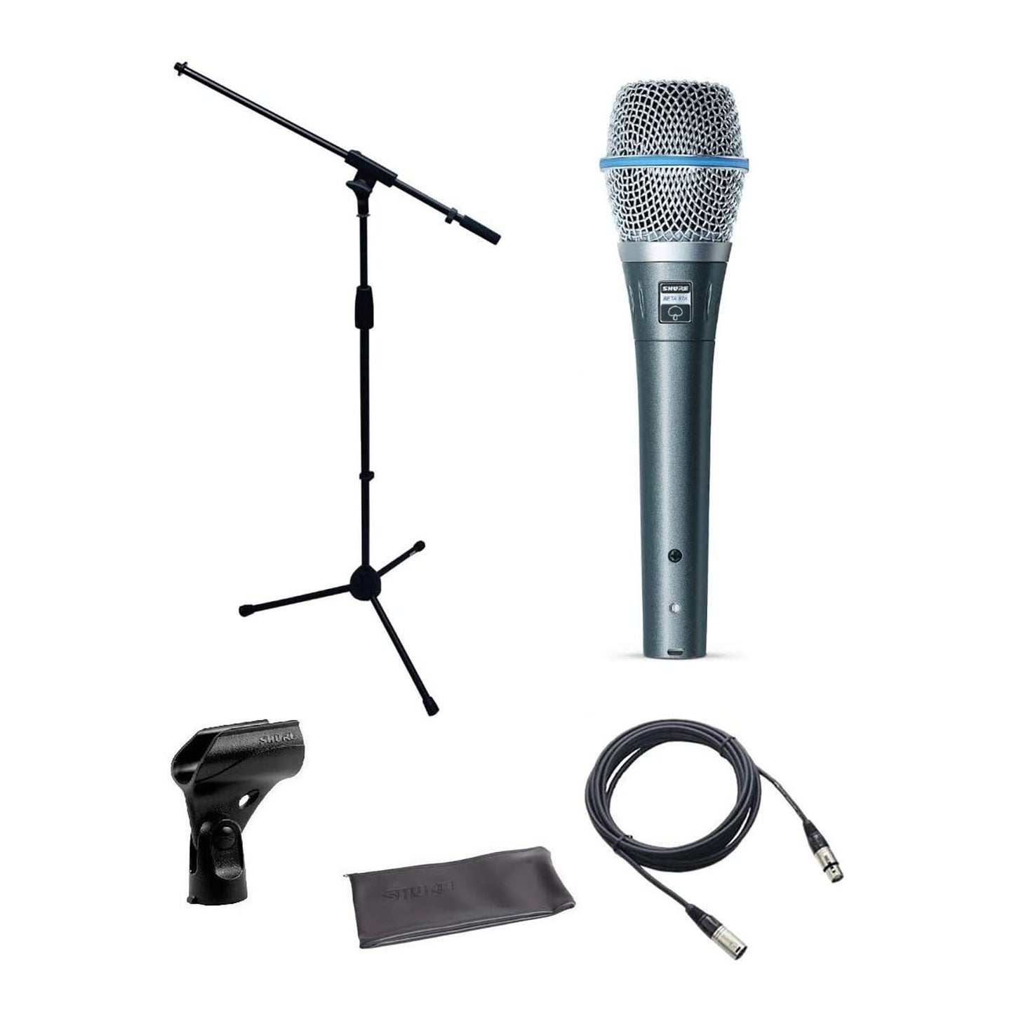 Shure Beta 87A Supercardioid Condenser Vocal Microphone Bundle with Boom Stand, XLR Cable, and Austin Bazaar Polishing Cloth