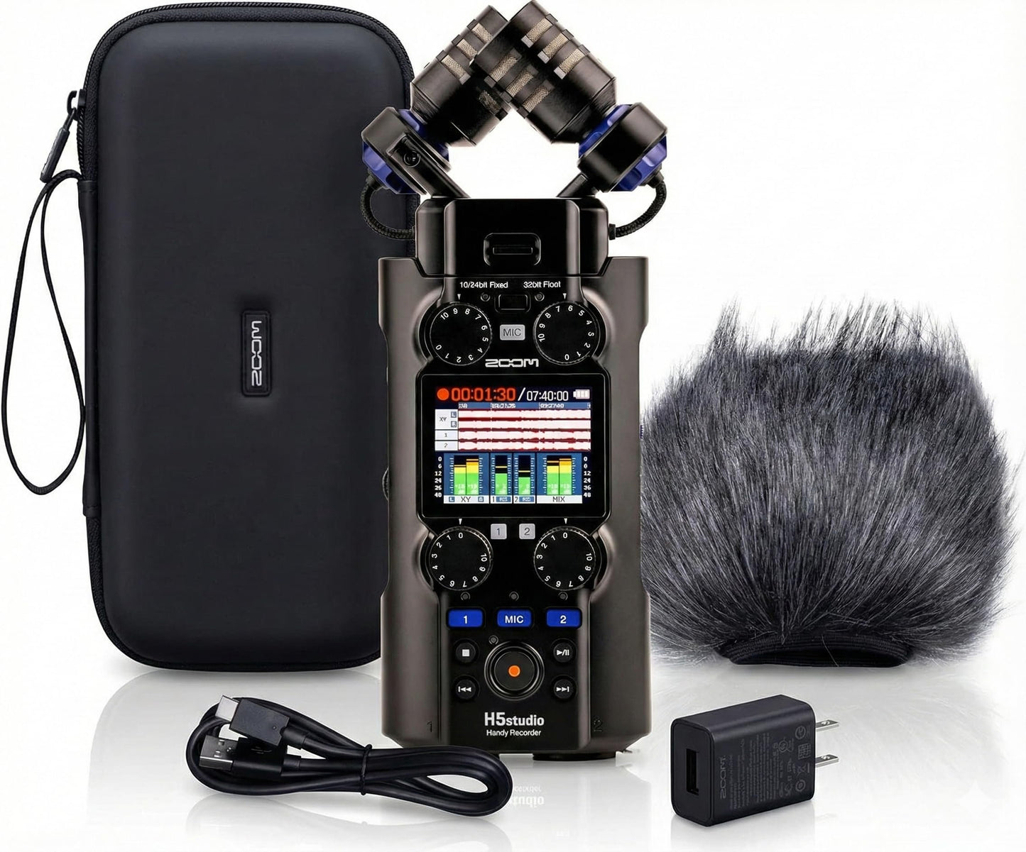 Zoom H5studio 6-Track 32-Bit Float Handy Recorder Bundle with APH-5s Accessory Pack with Hairy Windscreen, Padded Shell Case, AC Adapter, & USB C-Cable