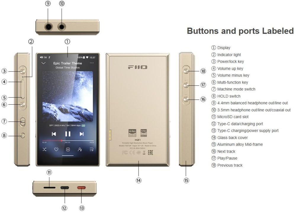 FiiO M21 Android 13 Portable Music Player MP3 Walkman Snapdragon 680 4* CS43198 DAC Chips Hi-Res Audio DSD Bluetooth LDAC (Blue-Black)