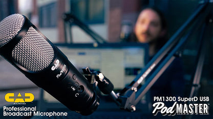 CAD PM1300 PodMaster™ SuperD usb Professional Broadcast / Podcasting Microphone with SuperD VOG Dynamic Capsule, supplied with Broadcast Boom Mic Stand, Black