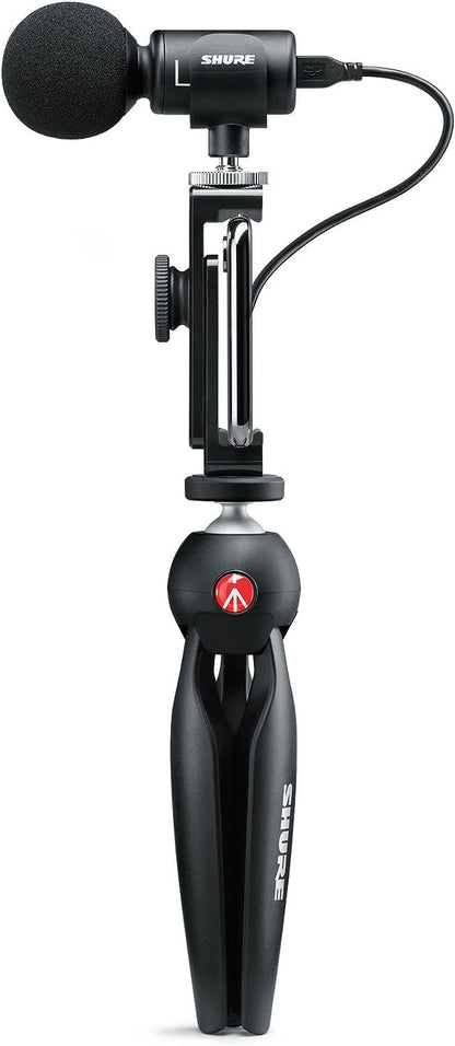 Shure MV88+ Video Kit - Digital Stereo Condenser Microphone for Apple and Android, with Manfrotto PIXI Tripod, Phone Clamp, Mount, iOS and USB-C Cables for Next-Level Compatibility and Connectivity