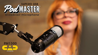 CAD PM1300 PodMaster™ SuperD usb Professional Broadcast / Podcasting Microphone with SuperD VOG Dynamic Capsule, supplied with Broadcast Boom Mic Stand, Black