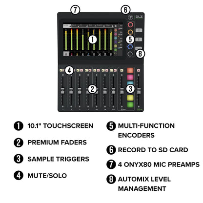 Mackie DLZ Creator Adaptive Digital Mixer for Podcasting, Streaming and YouTube with User Modes, Mix Agent Technology, Auto Mix, Onyx80 Mic Preamps